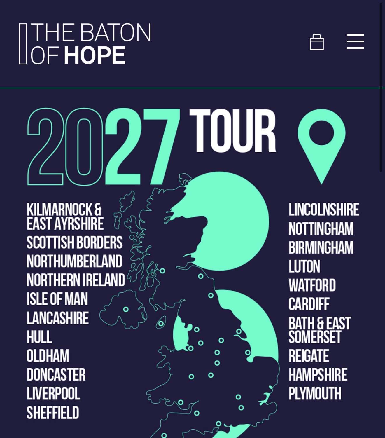 The Baton of Hope 2027 Tour locations including Oldham